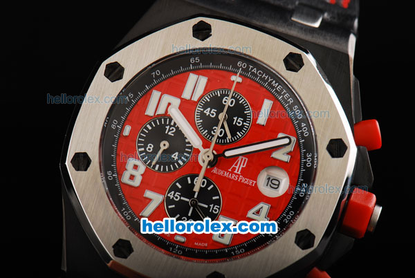 Audemars Piguet Royal Oak Offshore Chronograph Miyota Quartz Movement Red Dial with White Numeral Markers and Leather Strap - Click Image to Close